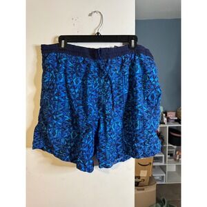 Catalina Mens Blue Geometric Tribal Print Swim Trunks Mesh Lined Shorts Medium